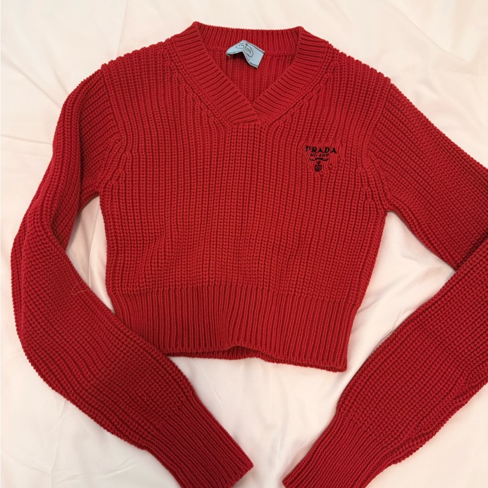 Prada Red Cropped V‑Neck Knit Sweater